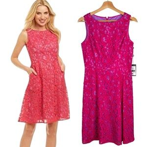 ADRIANNA PAPELL PINK ORCHID FLORAL LACE SLEEVELESS FIT AND FLARE DRESS